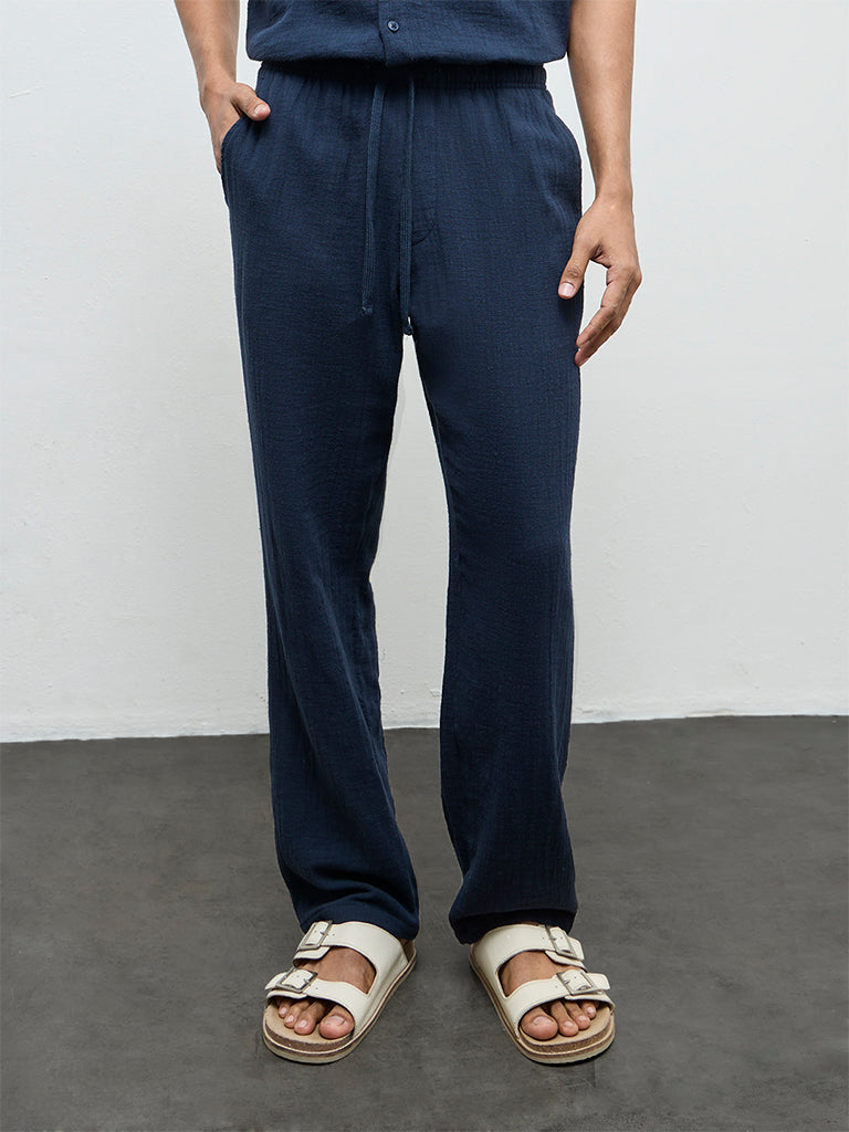 ETA Navy Textured Relaxed-Fit Mid-Rise Cotton Chinos