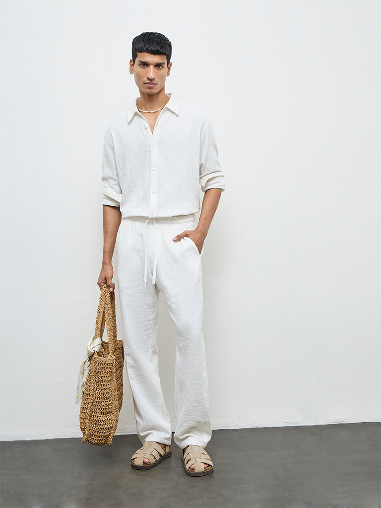 ETA White Textured Relaxed-Fit Mid-Rise Cotton Chinos