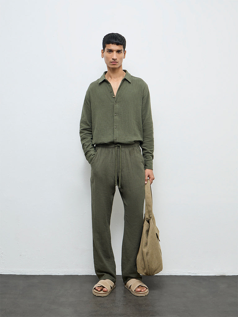 ETA Olive Textured Relaxed-Fit Mid-Rise Cotton Chinos