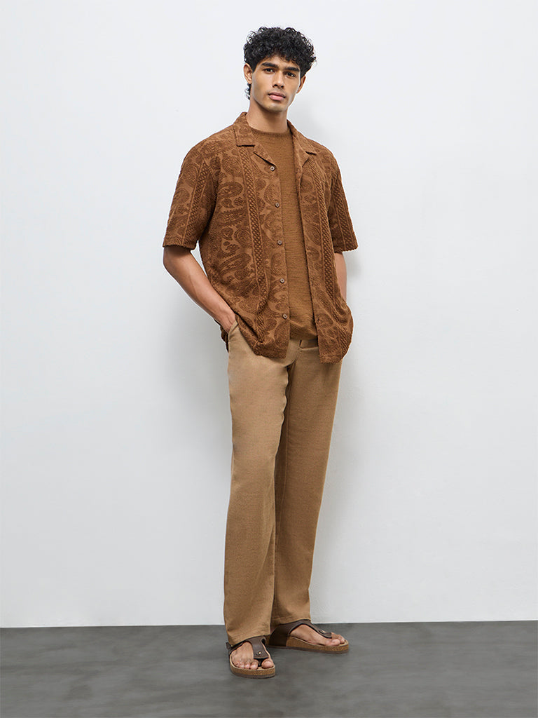 ETA Tan Paisley Embroidered Relaxed-Fit Cotton-Blend Shirt