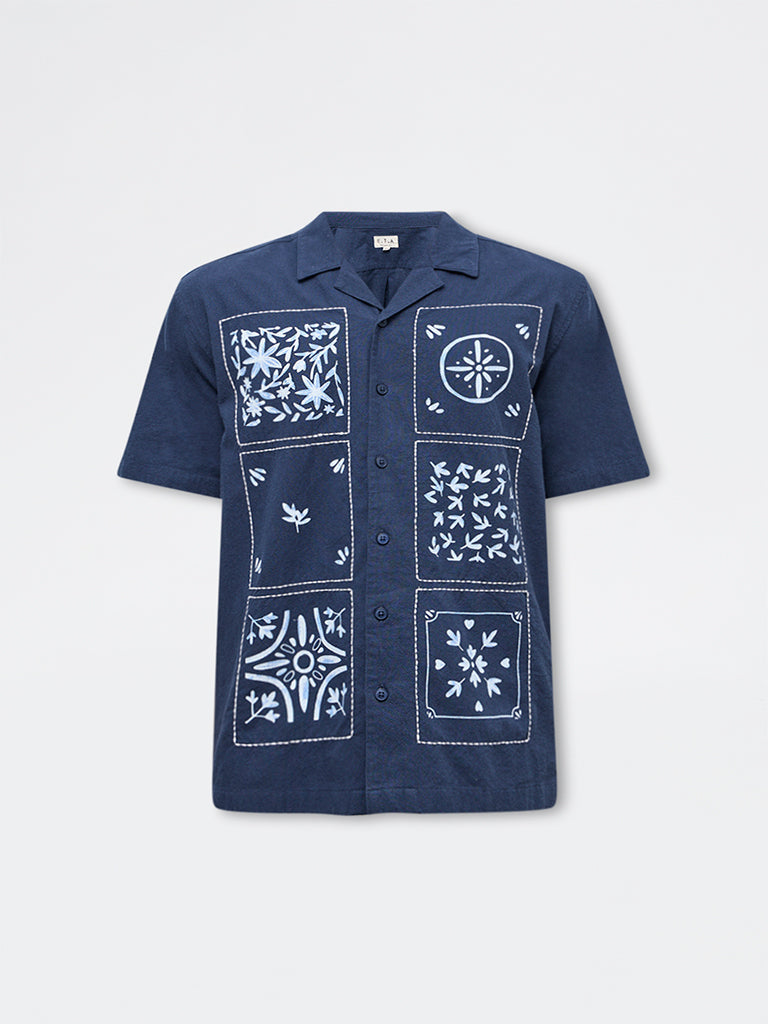 ETA Navy Printed Relaxed-Fit Cotton Shirt