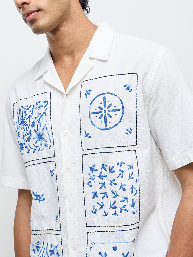 ETA White Printed Relaxed-Fit Cotton Shirt