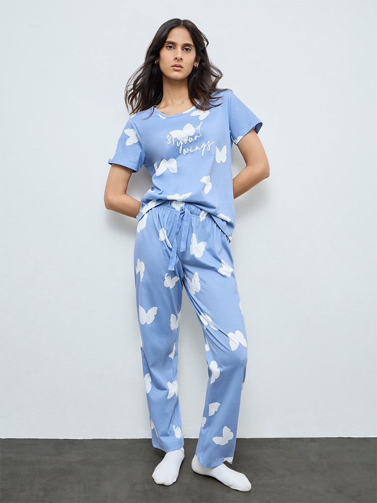 Wunderlove Light Blue Printed Cotton Pyjamas Set In A Bag