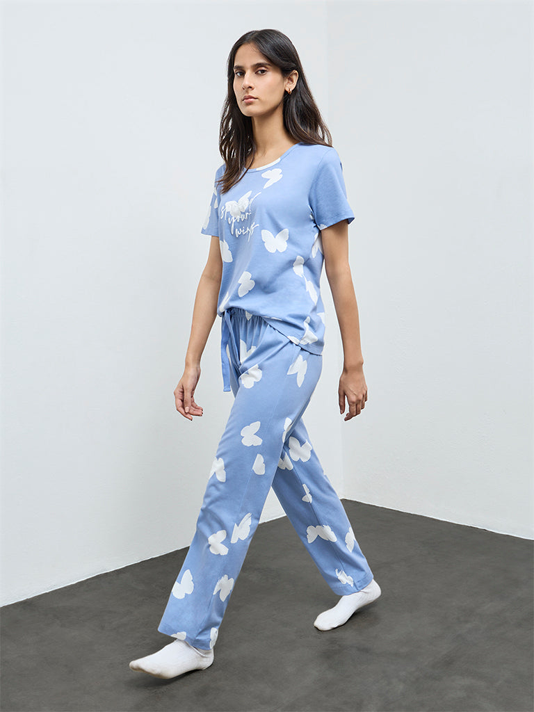 Wunderlove Light Blue Printed Cotton Pyjamas Set In A Bag