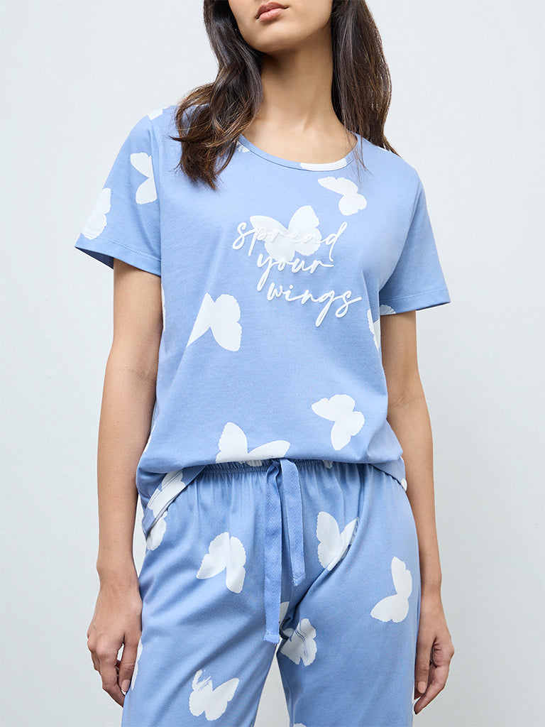 Wunderlove Light Blue Printed Cotton Pyjamas Set In A Bag