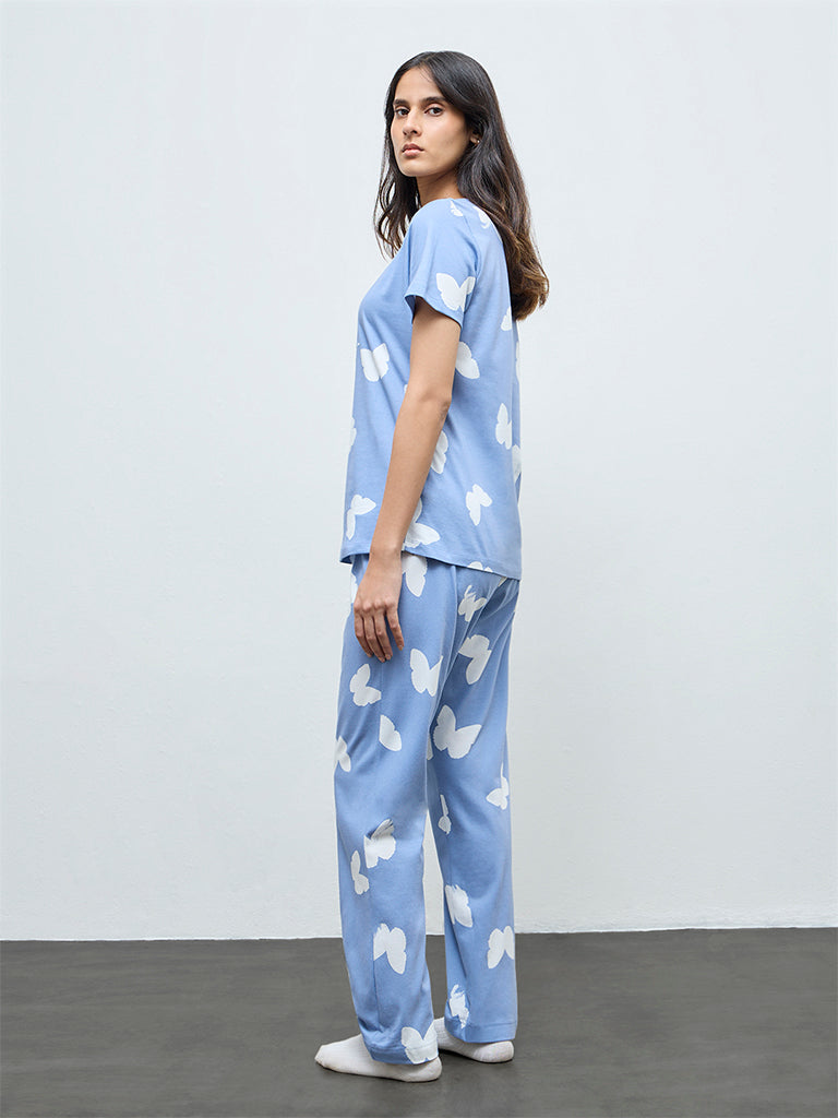 Wunderlove Light Blue Printed Cotton Pyjamas Set In A Bag