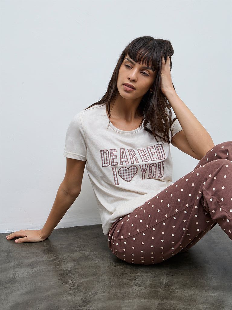 Wunderlove Brown Typographic Cotton Pyjama Set In A Bag