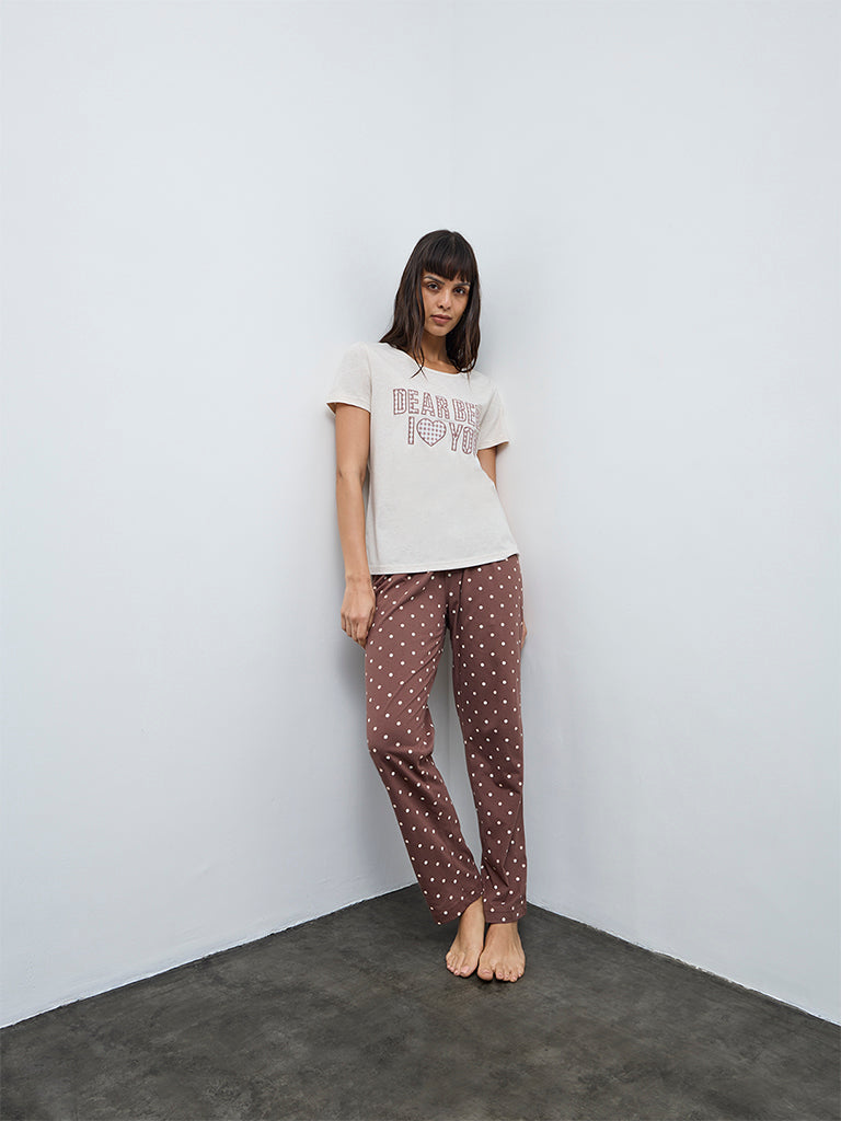 Wunderlove Brown Typographic Cotton Pyjama Set In A Bag