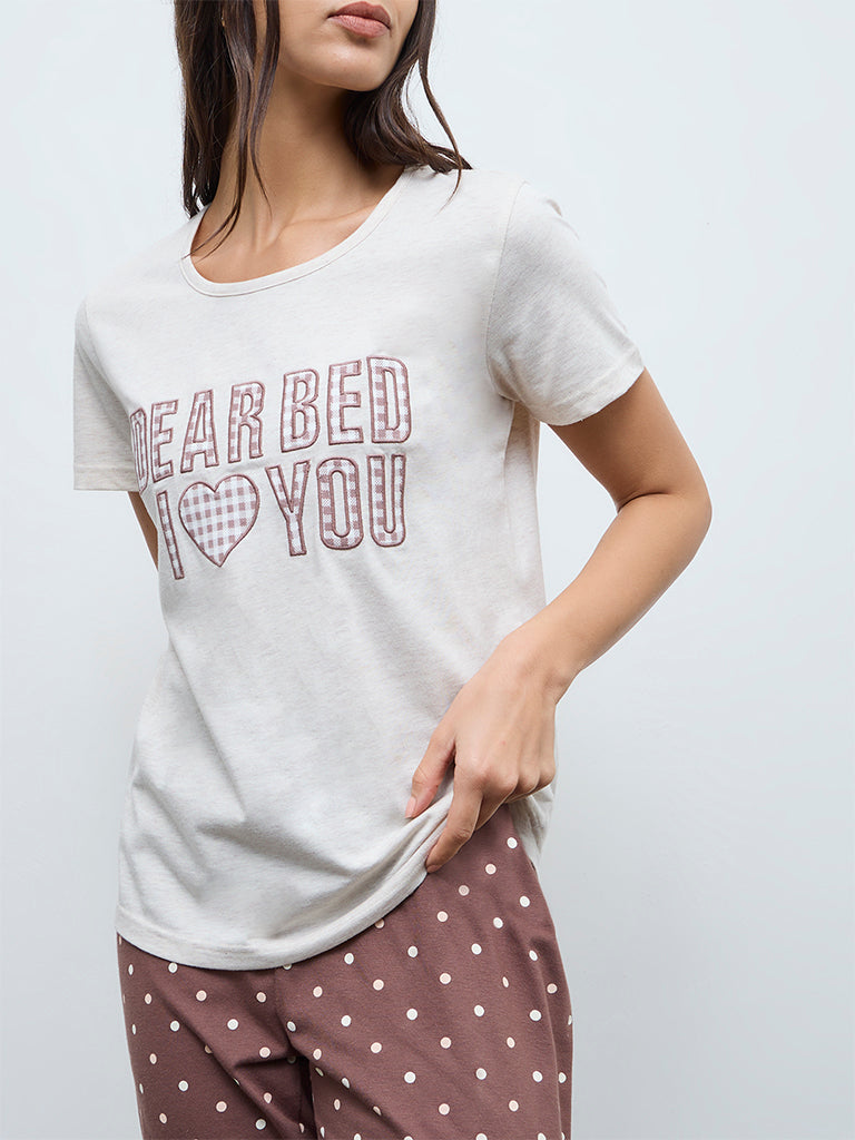 Wunderlove Brown Typographic Cotton Pyjama Set In A Bag