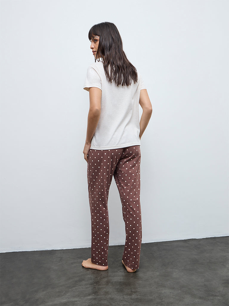 Wunderlove Brown Typographic Cotton Pyjama Set In A Bag