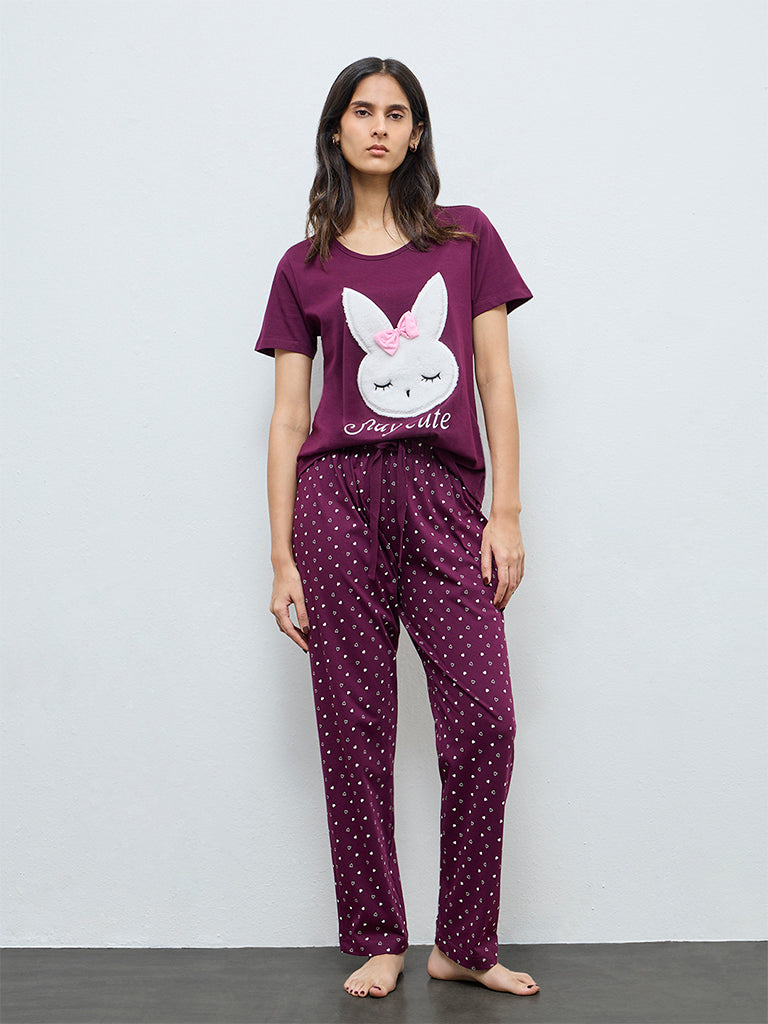 Wunderlove Plum Printed Cotton Pyjamas Set In A Bag