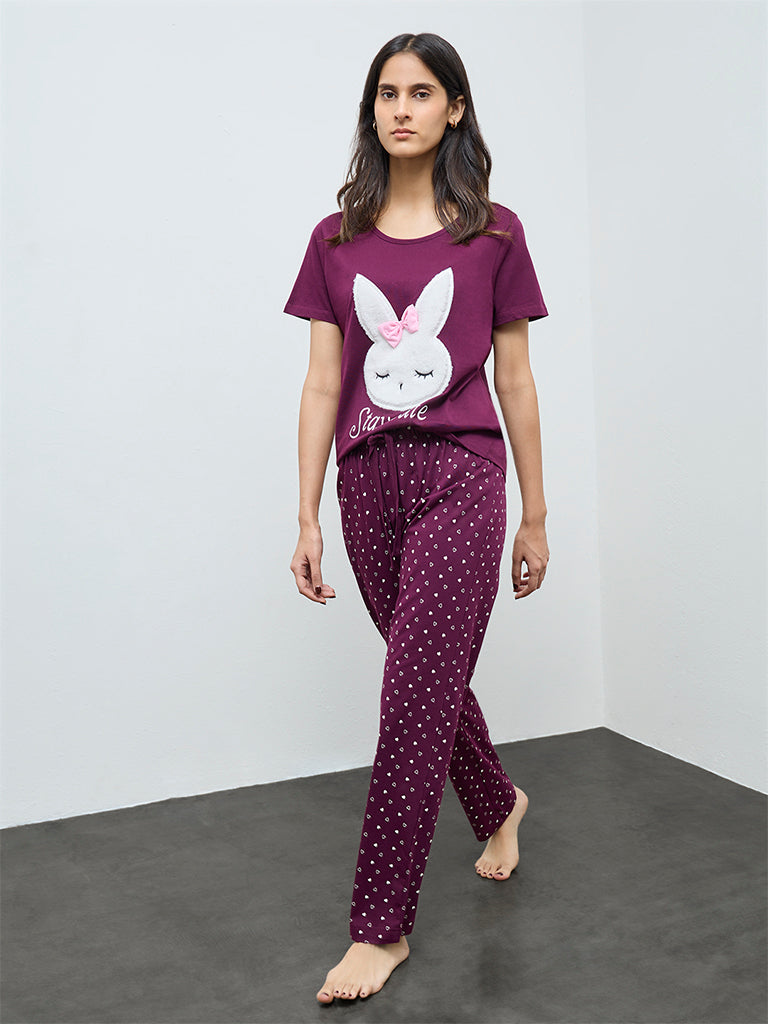 Wunderlove Plum Printed Cotton Pyjamas Set In A Bag