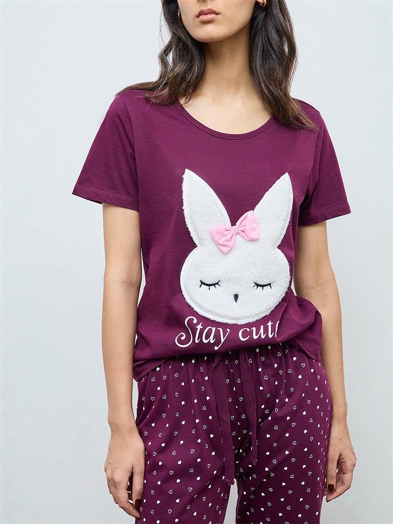 Wunderlove Plum Printed Cotton Pyjamas Set In A Bag