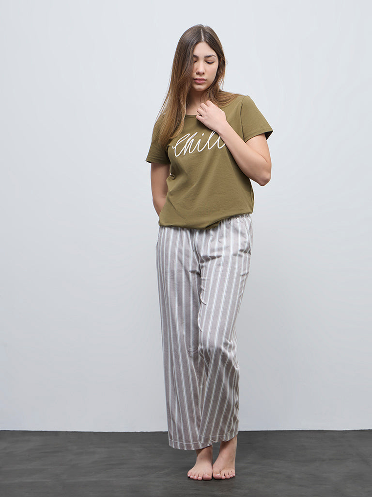 Wunderlove Brown Striped High-Rise Cotton Pyjamas