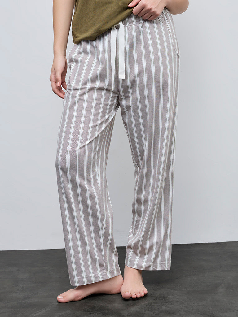 Wunderlove Brown Striped High-Rise Cotton Pyjamas