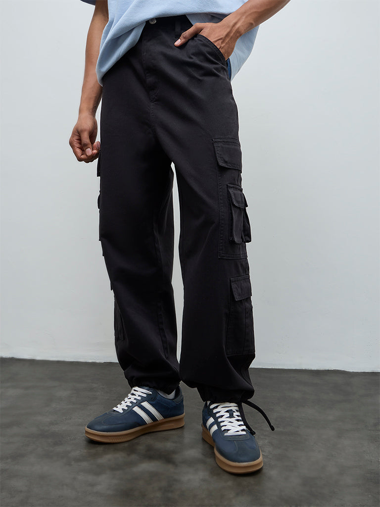 Nuon Black Relaxed-Fit Mid-Rise Cotton Cargo Pants
