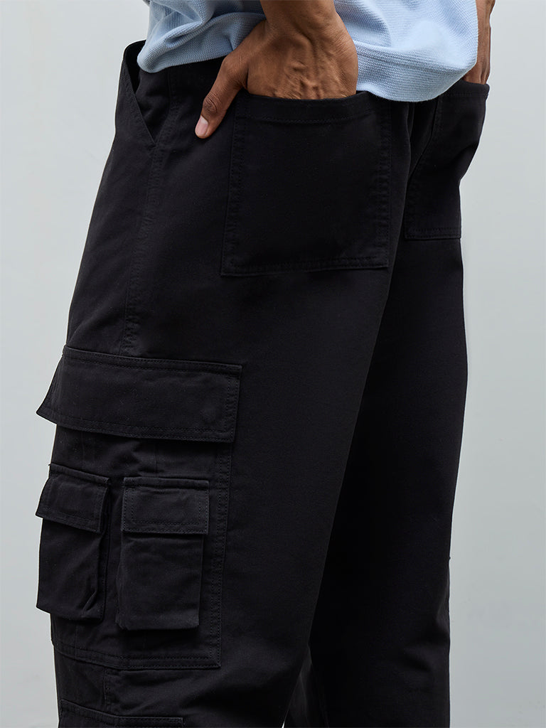 Nuon Black Relaxed-Fit Mid-Rise Cotton Cargo Pants