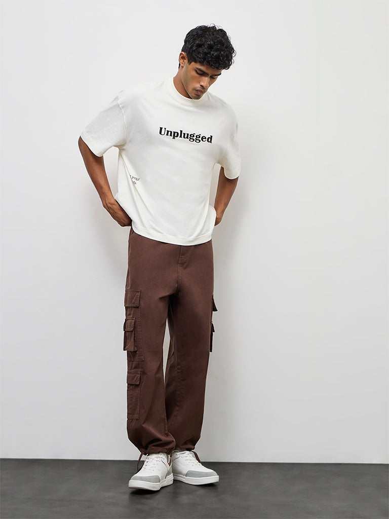 Nuon Brown Relaxed-Fit Mid-Rise Cotton Cargo Pants
