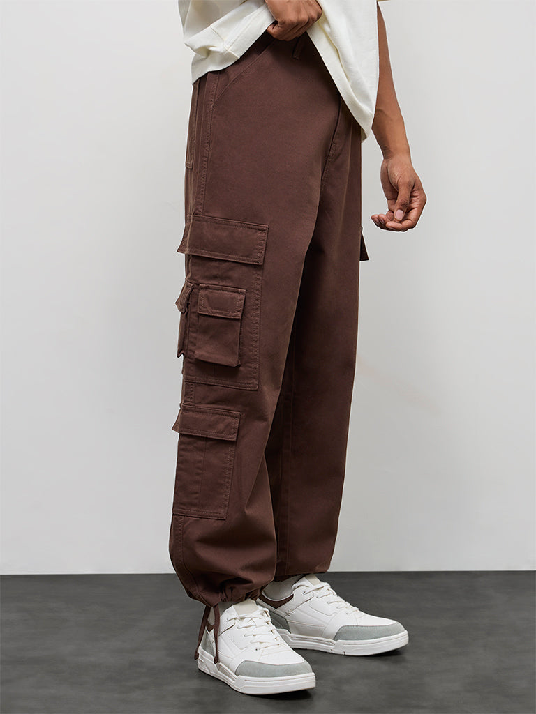 Nuon Brown Relaxed-Fit Mid-Rise Cotton Cargo Pants