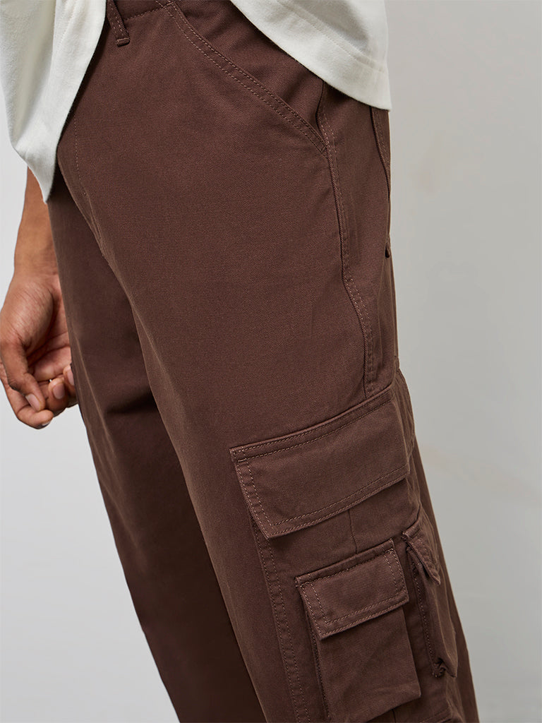 Nuon Brown Relaxed-Fit Mid-Rise Cotton Cargo Pants