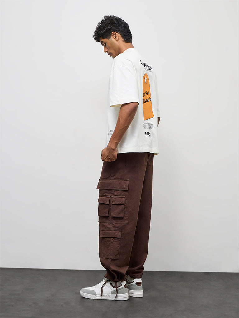 Nuon Brown Relaxed-Fit Mid-Rise Cotton Cargo Pants