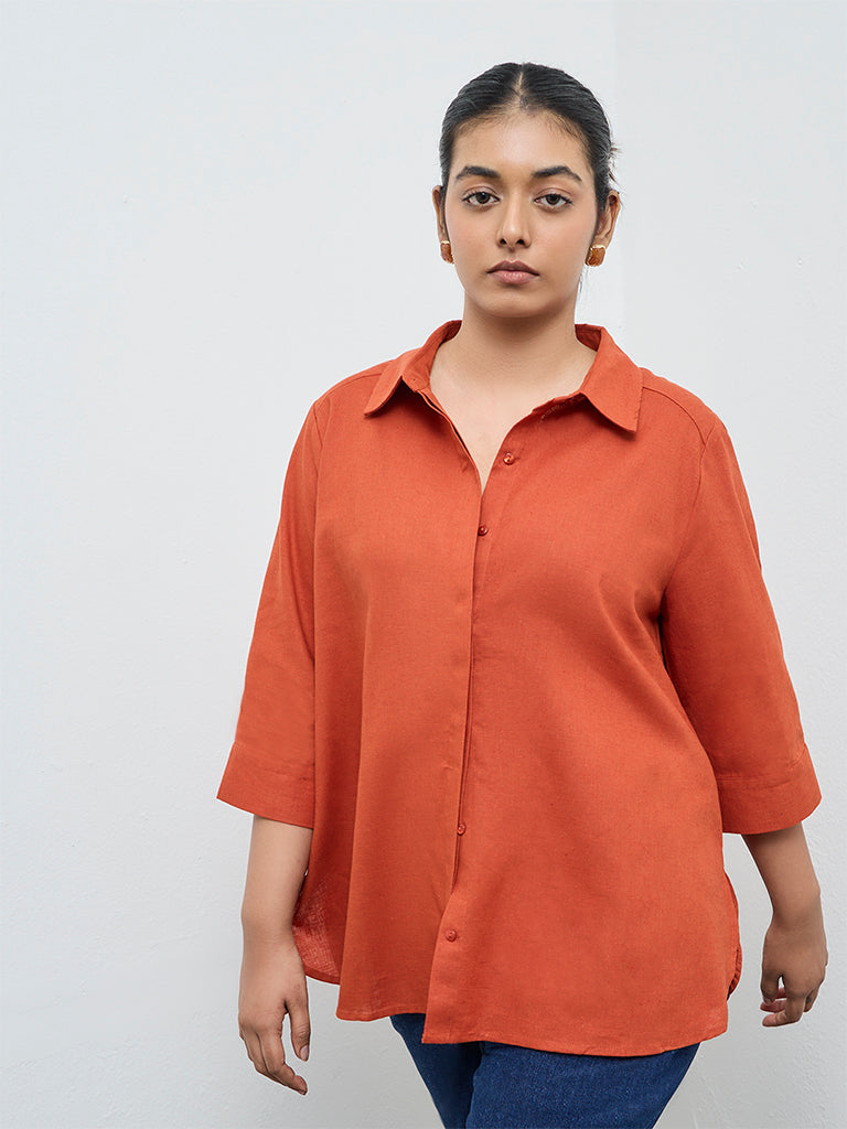 Gia Dark Orange Solid Cotton-Blend Blouse