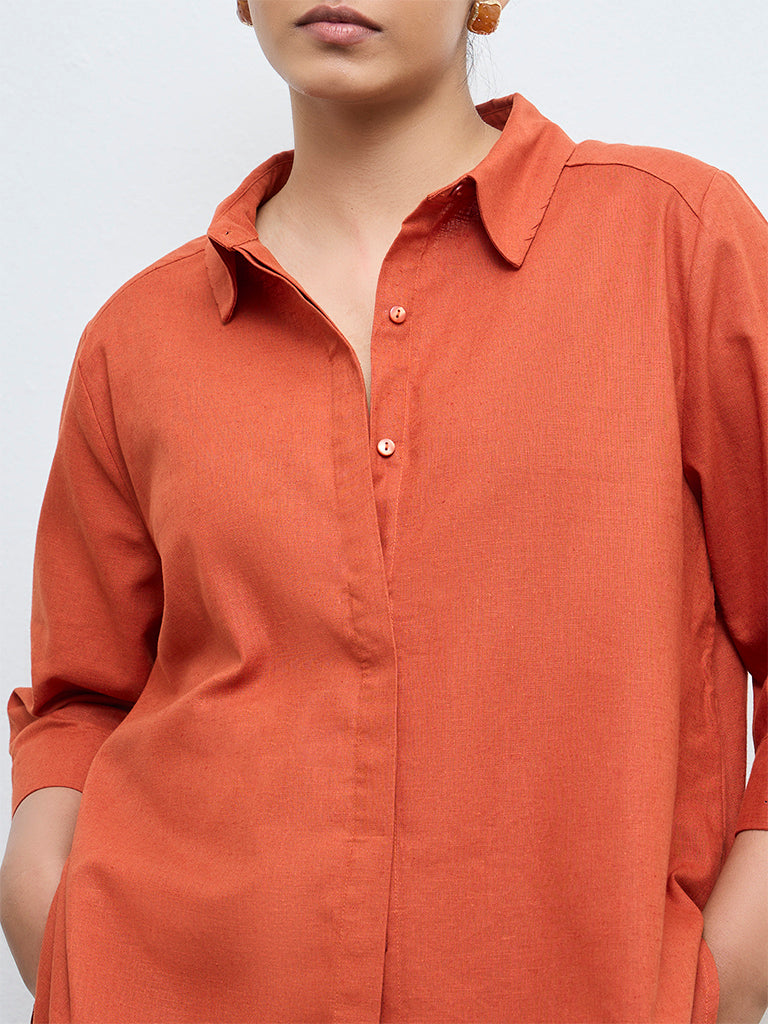 Gia Dark Orange Solid Cotton-Blend Blouse