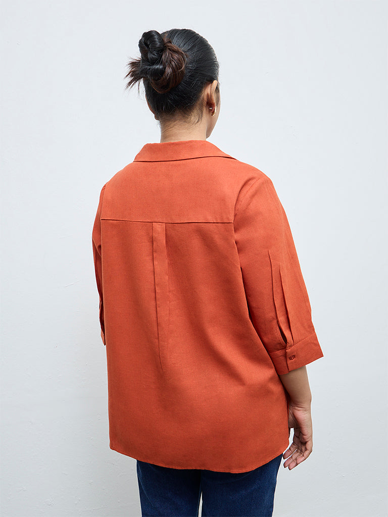 Gia Dark Orange Solid Cotton-Blend Blouse