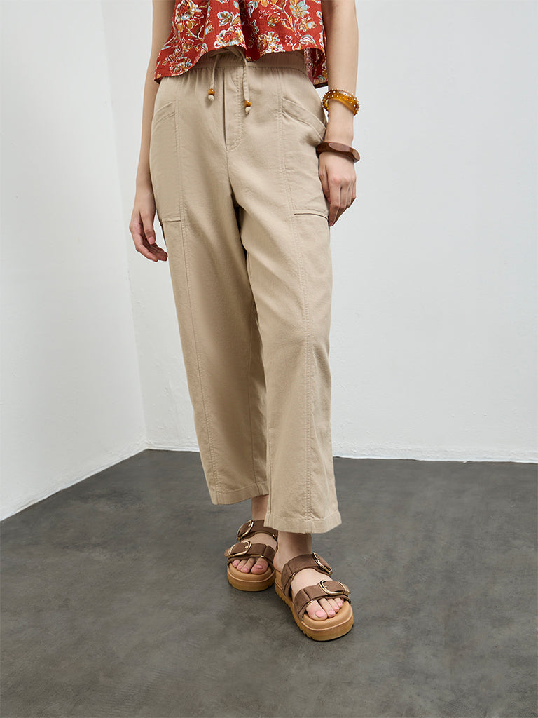 Bombay Paisley Beige Solid Cotton-Blend Pants