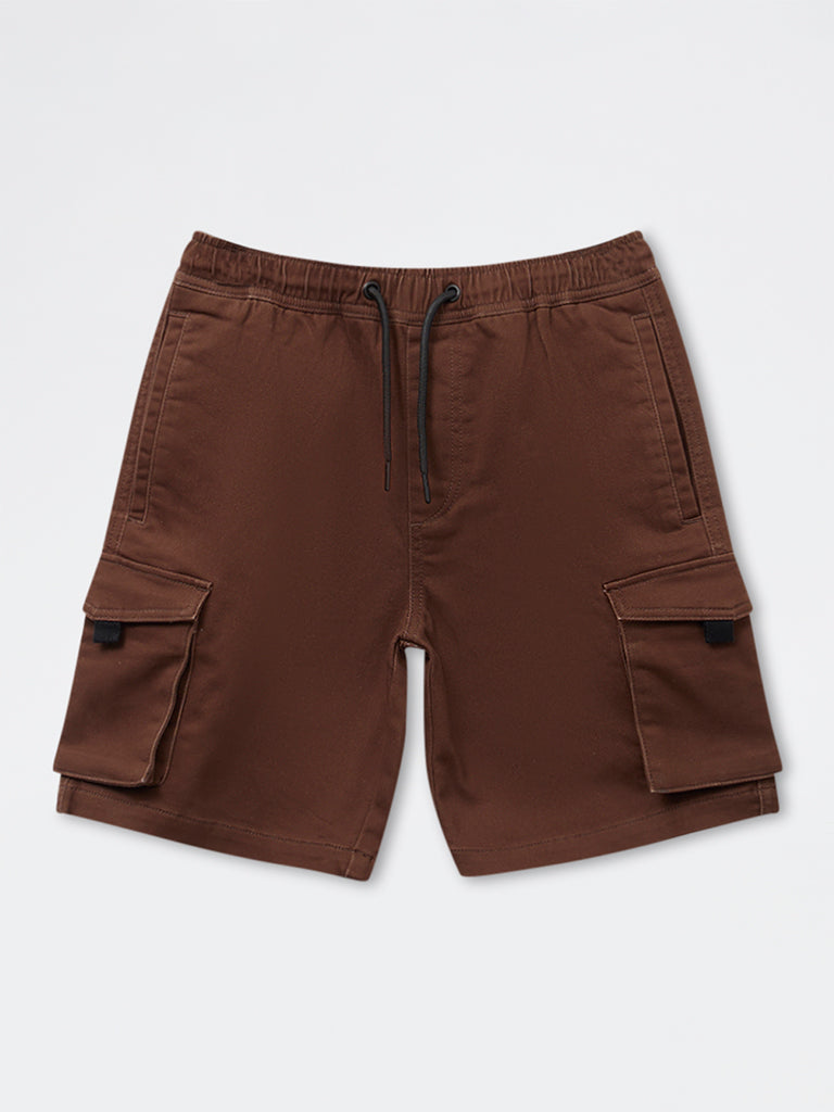 Boys Brown Mid-Rise Cotton-Blend Shorts