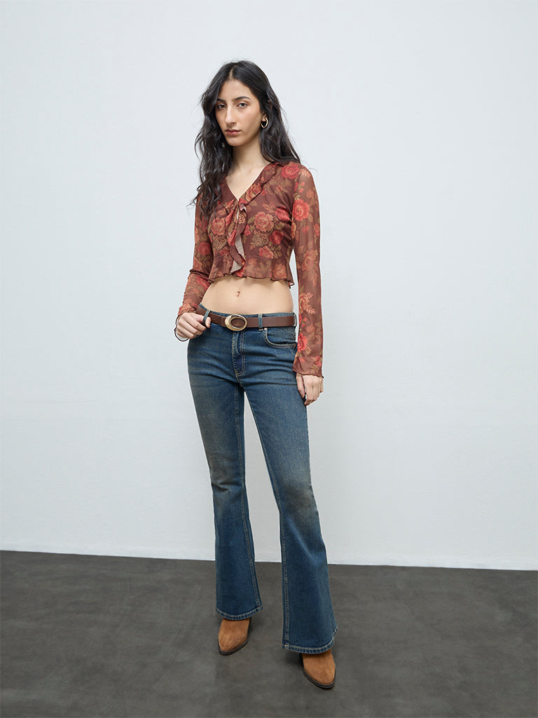 Nuon Brown Floral Detailed Mesh Top