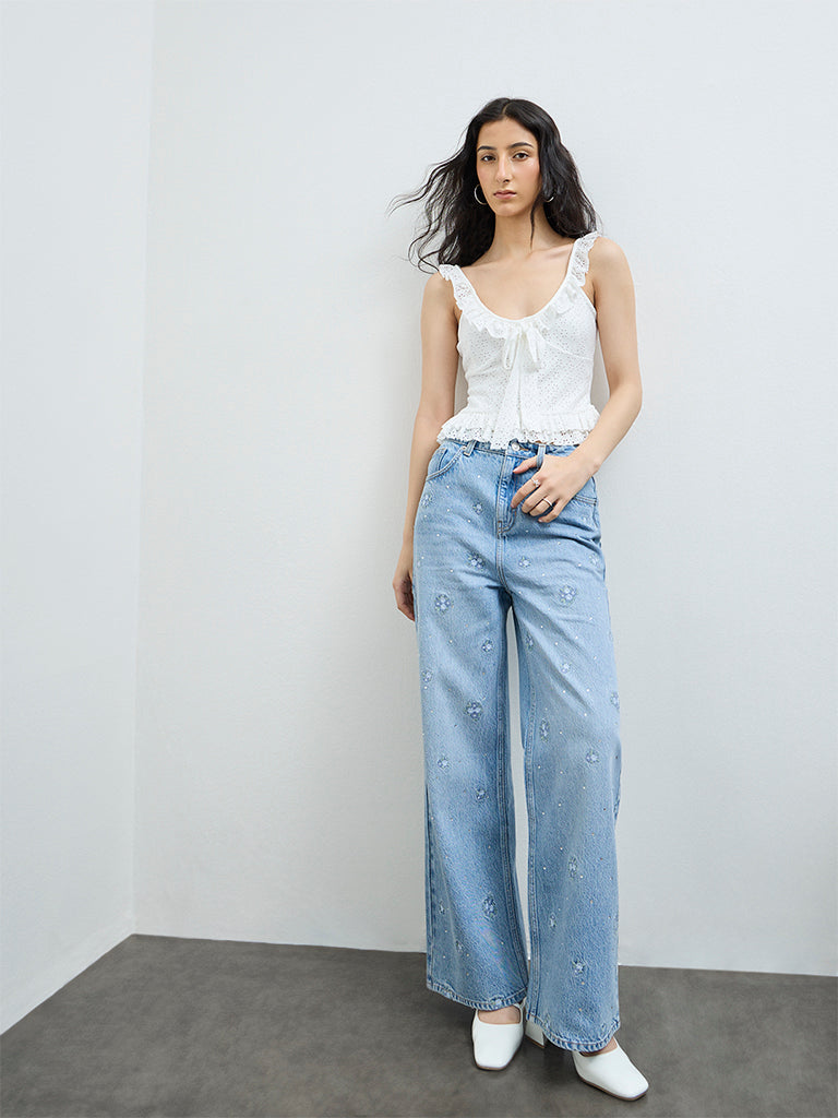 Nuon Light Blue Embroidered High-Rise Jeans