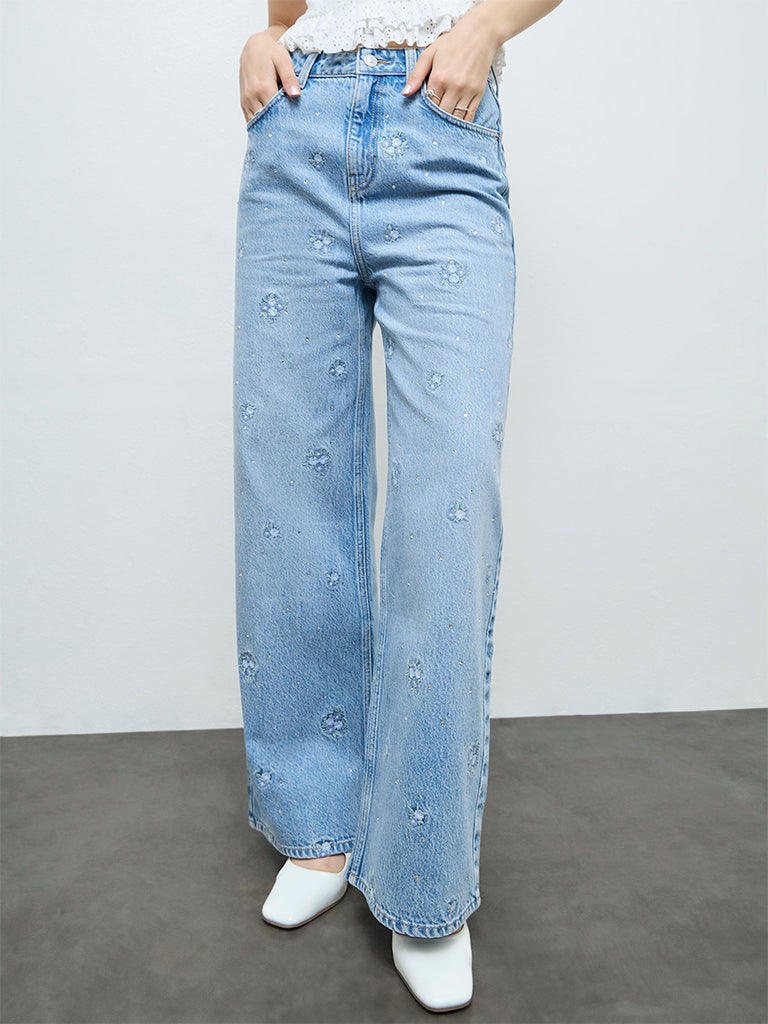 Nuon Light Blue Embroidered High-Rise Jeans