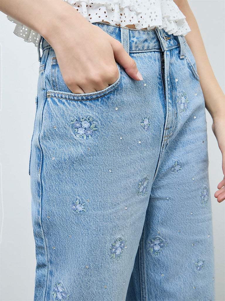 Nuon Light Blue Embroidered High-Rise Jeans