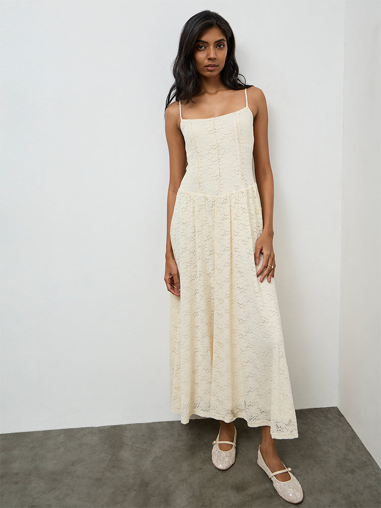 LOV Cream Floral Lace A-Line Dress