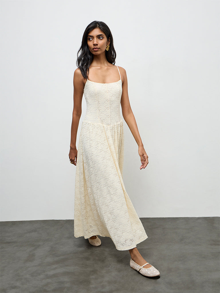 LOV Cream Floral Lace A-Line Dress