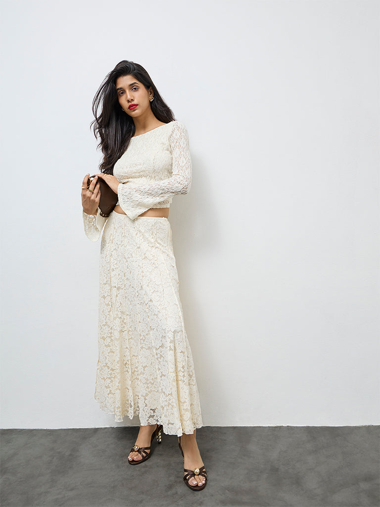 LOV Cream Lace Detailed High-Rise Skirts