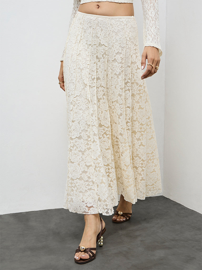 LOV Cream Lace Detailed High-Rise Skirts