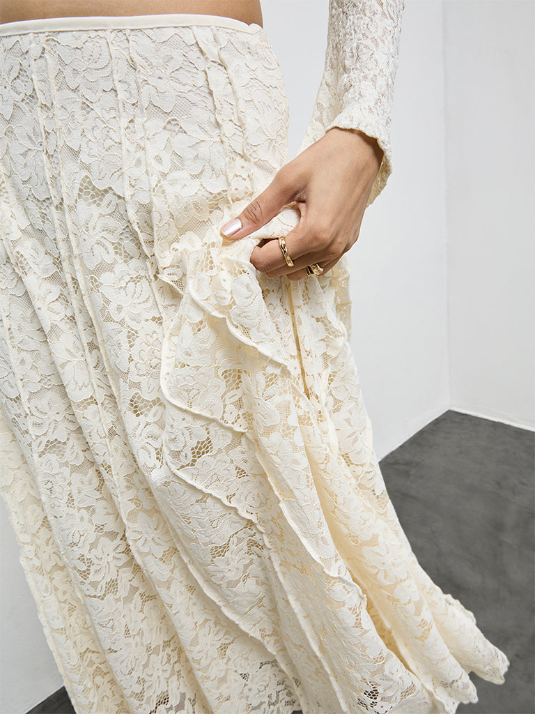 LOV Cream Lace Detailed High-Rise Skirts