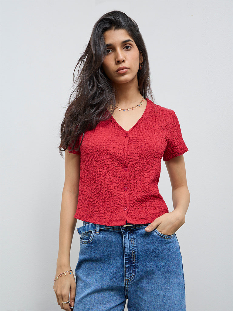 LOV Red Crinkle-Textured Top