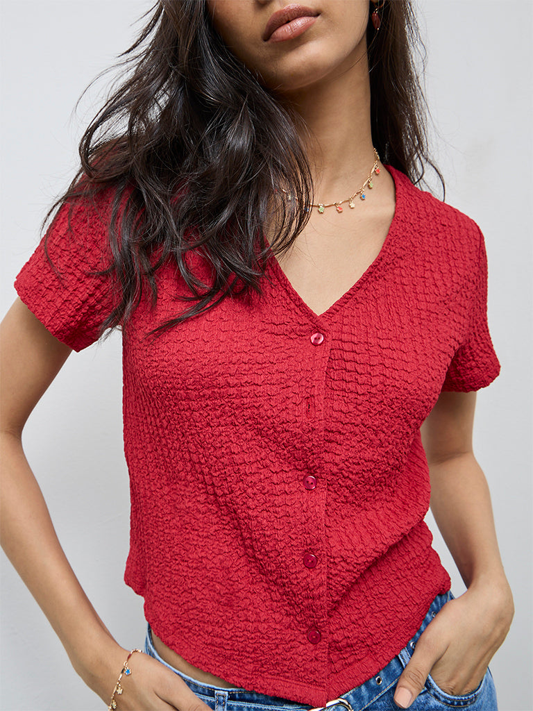 LOV Red Crinkle-Textured Top