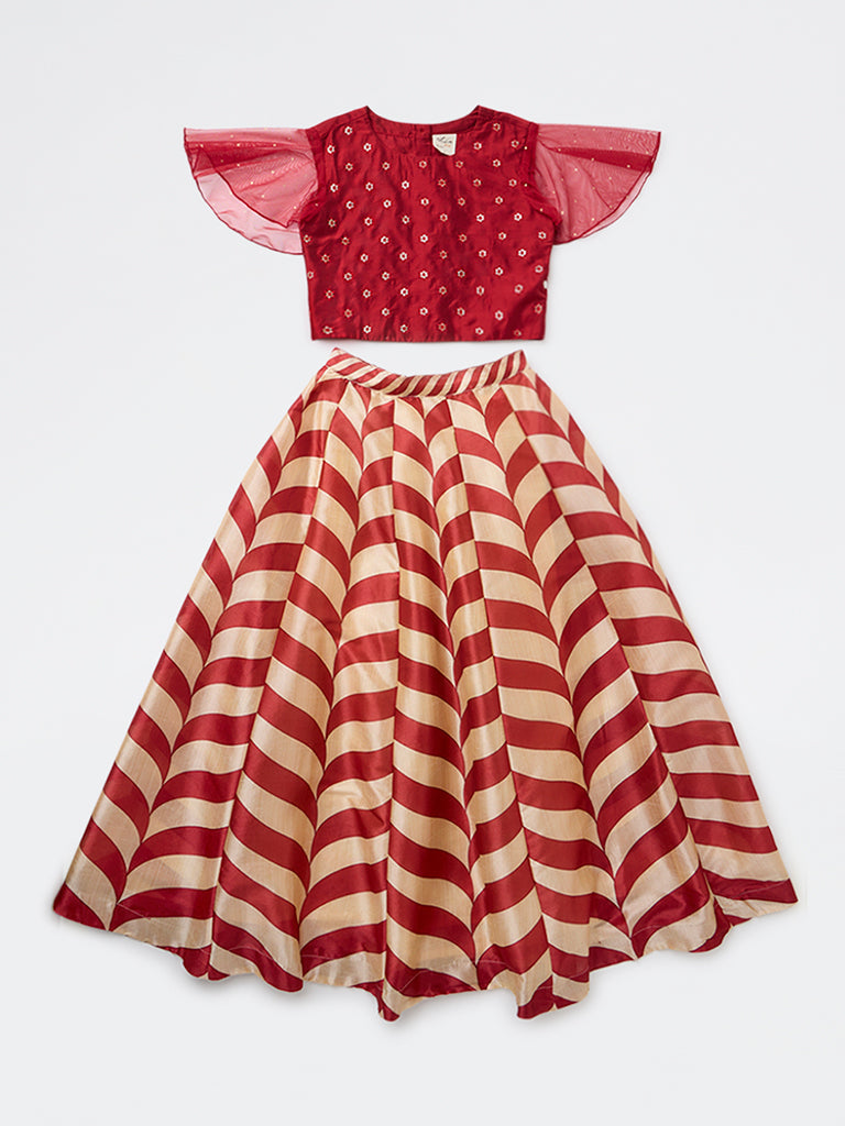 Utsa Kids Girls Red Embroidered Ethnic Set - (8-14 yrs)