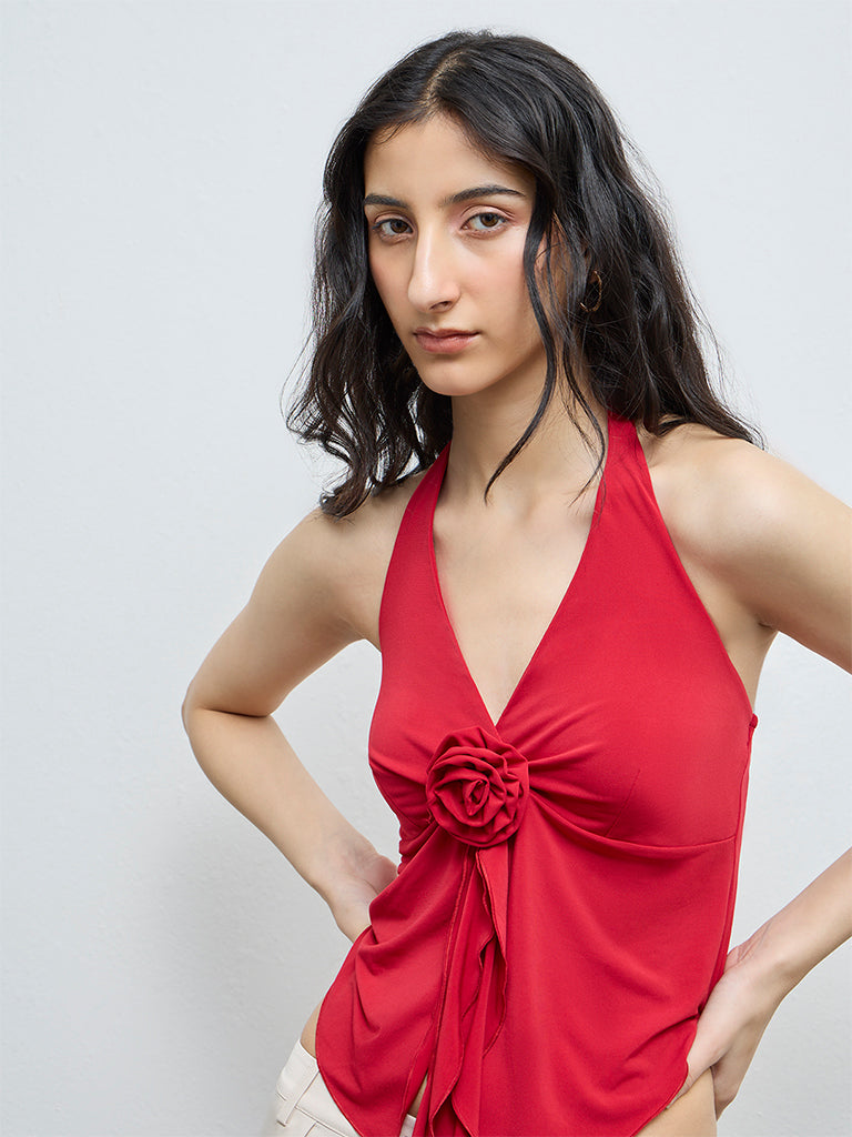 Nuon Red Floral Applique Top
