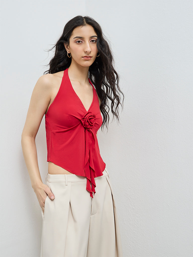 Nuon Red Floral Applique Top