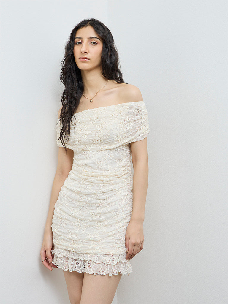 Nuon Off-White Lace-Textured Bodycon Dress