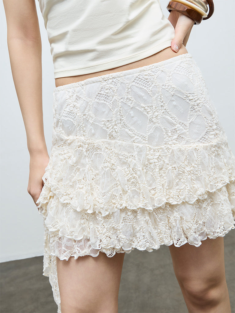 Nuon Off-White Lace High-Rise Ruffled Skirt
