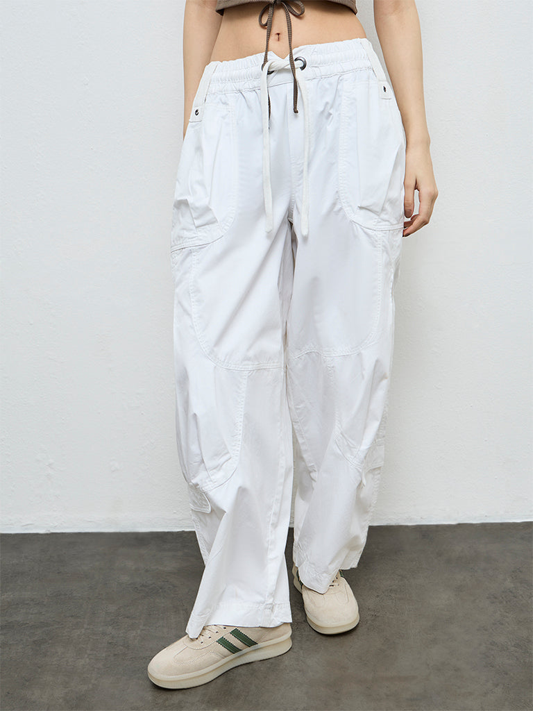 Nuon White Solid High-Rise Cotton Cargo Pants