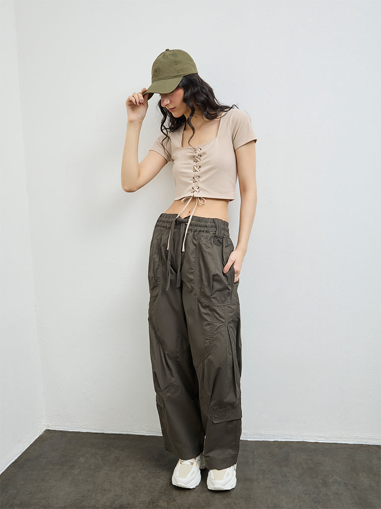 Nuon Olive Solid High-Rise Cotton Cargo Pants