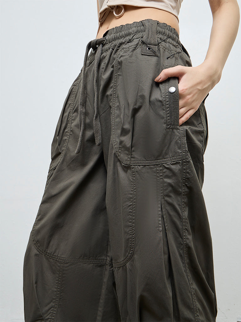 Nuon Olive Solid High-Rise Cotton Cargo Pants