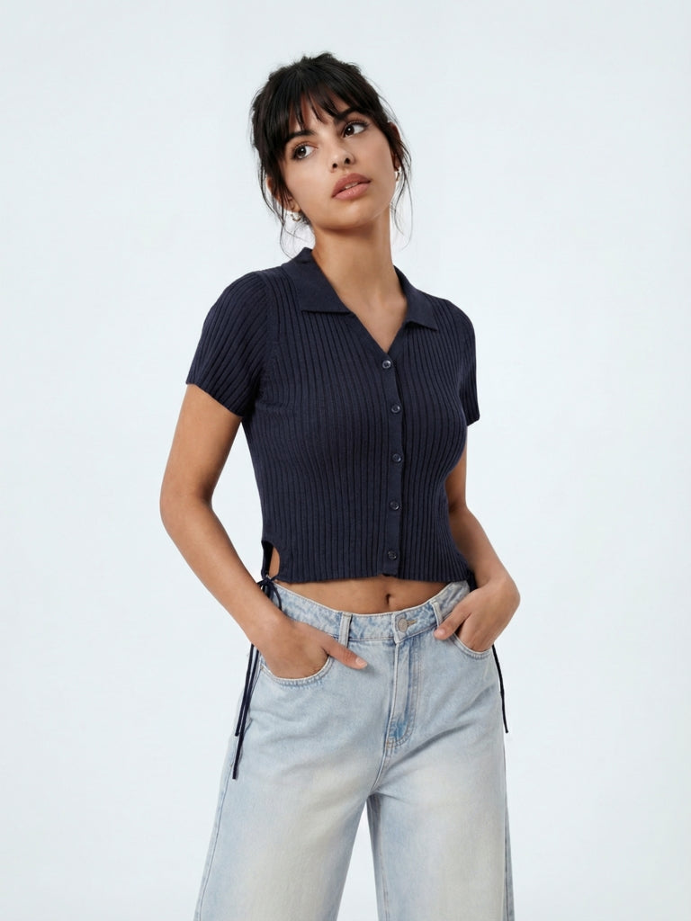 Nuon Navy Ribbed Side-Tie Top